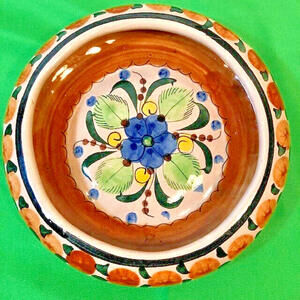 Talavera Mexico Pottery Hand Painted Rust Blues Browns Yellow Bowl 7.25" Boho
